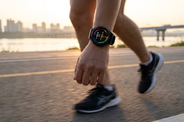 새벽 한강변에서 GPS 러닝 워치를 착용하고 달리는 30대 러너의 손목 클로즈업. 워치 화면에 페이스와 심박 데이터가 표시됨.