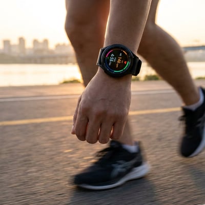 새벽 한강변에서 GPS 러닝 워치를 착용하고 달리는 30대 러너의 손목 클로즈업. 워치 화면에 페이스와 심박 데이터가 표시됨.