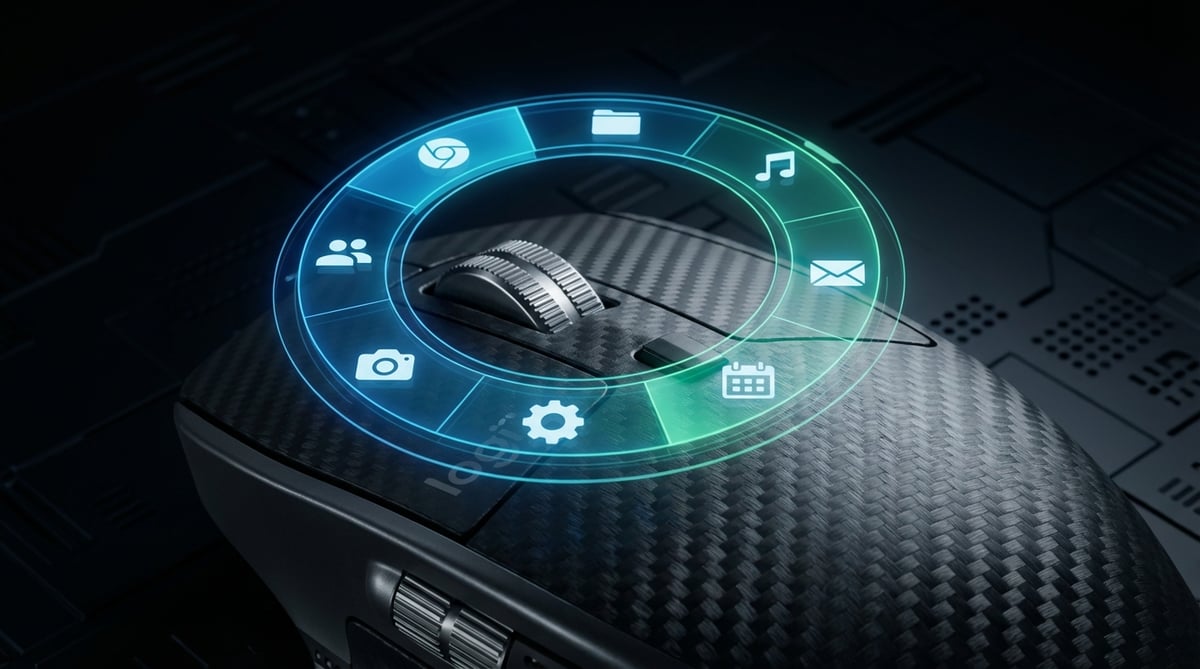 MX Master 4의 Actions Ring 방사형 단축키 오버레이를 보여주는 클로즈업