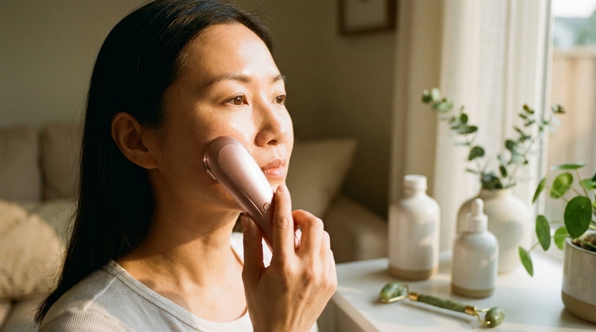 40대 여성이 RF 고주파 기기를 볼에 사용하는 모습