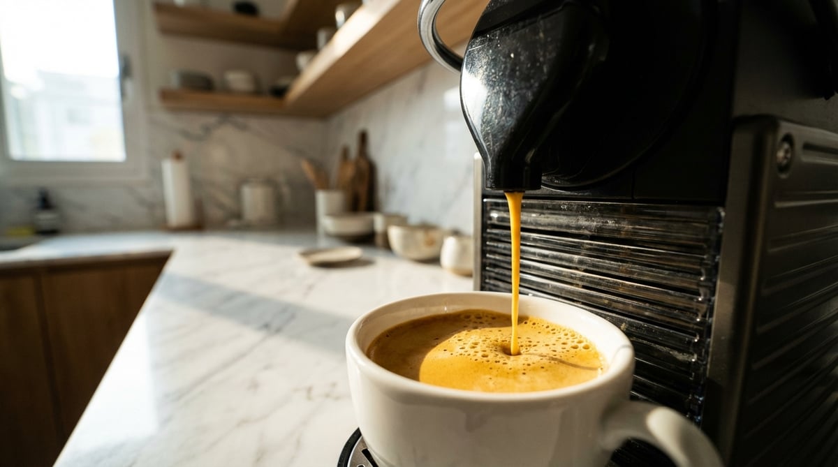 캡슐 커피머신에서 화이트 세라믹 컵으로 에스프레소가 추출되는 클로즈업, 골든 크레마가 형성되는 모습