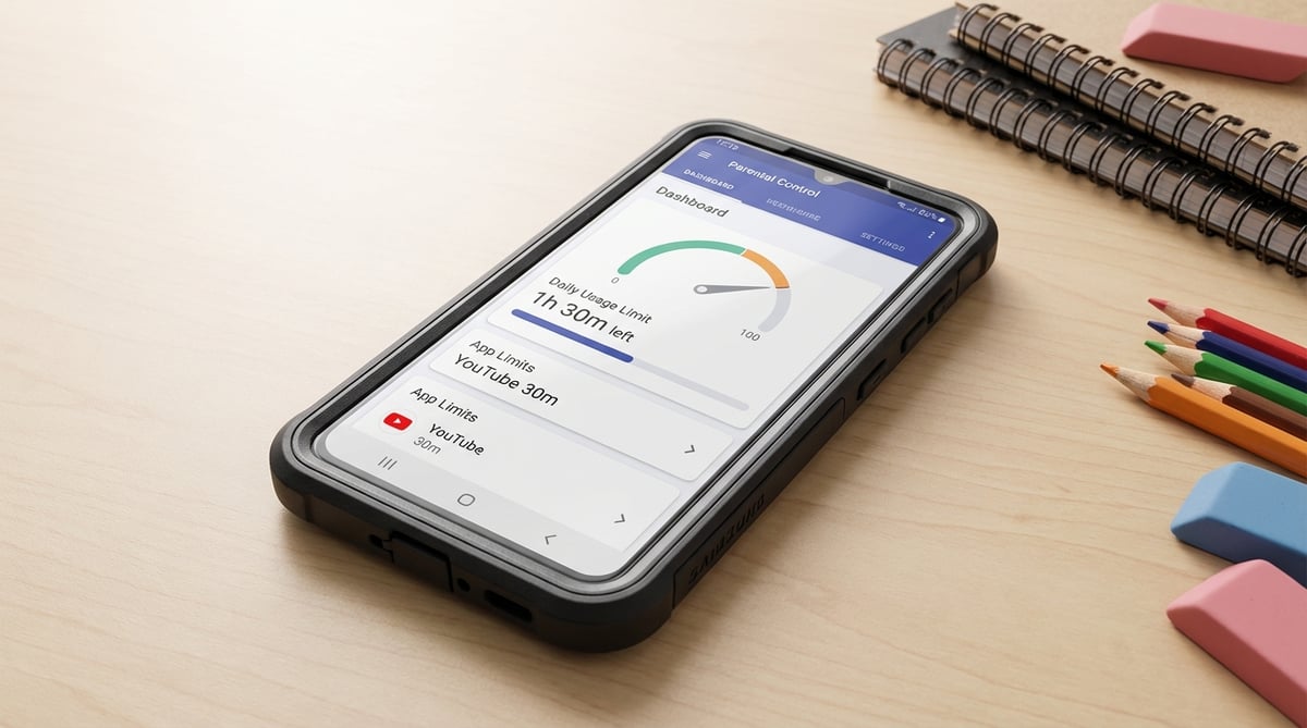 보호 케이스와 화면보호필름을 장착한 갤럭시 A 시리즈 폰과 학용품