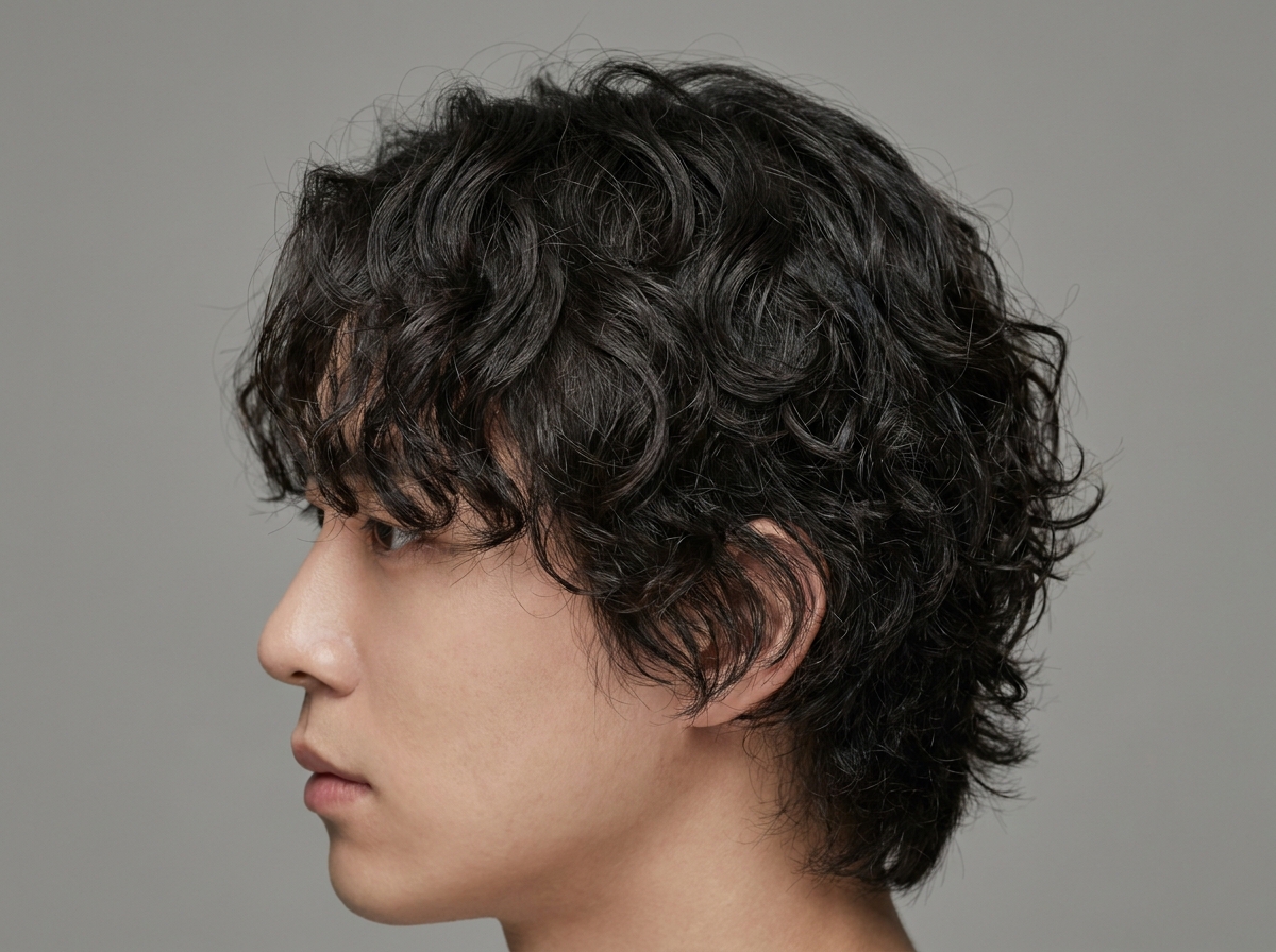 컬크림을 바른 남자 미디움 파마머리 클로즈업. 컬이 자연스럽게 살아 있는 매트한 마무리