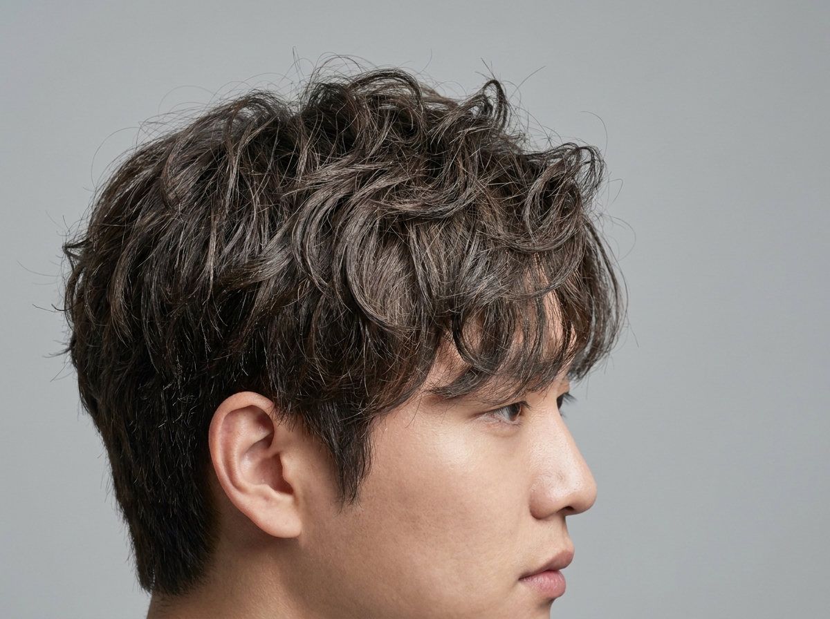 왁스를 바른 남자 파마머리 클로즈업. 가닥이 분리되고 볼륨과 형태가 잡힌 강한 홀드