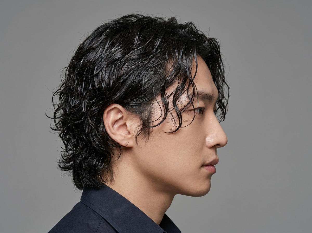 웻오일을 바른 남자 파마머리 클로즈업. 젖은 광택이 돌며 차분하게 눕은 마무리