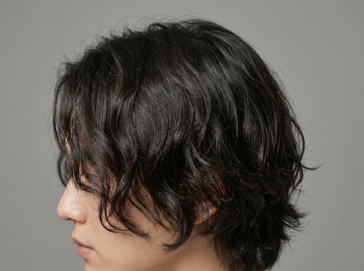 헤어에센스로 정돈한 남자 파마머리 클로즈업. 부스스함이 눌리고 건강한 윤기가 도는 상태