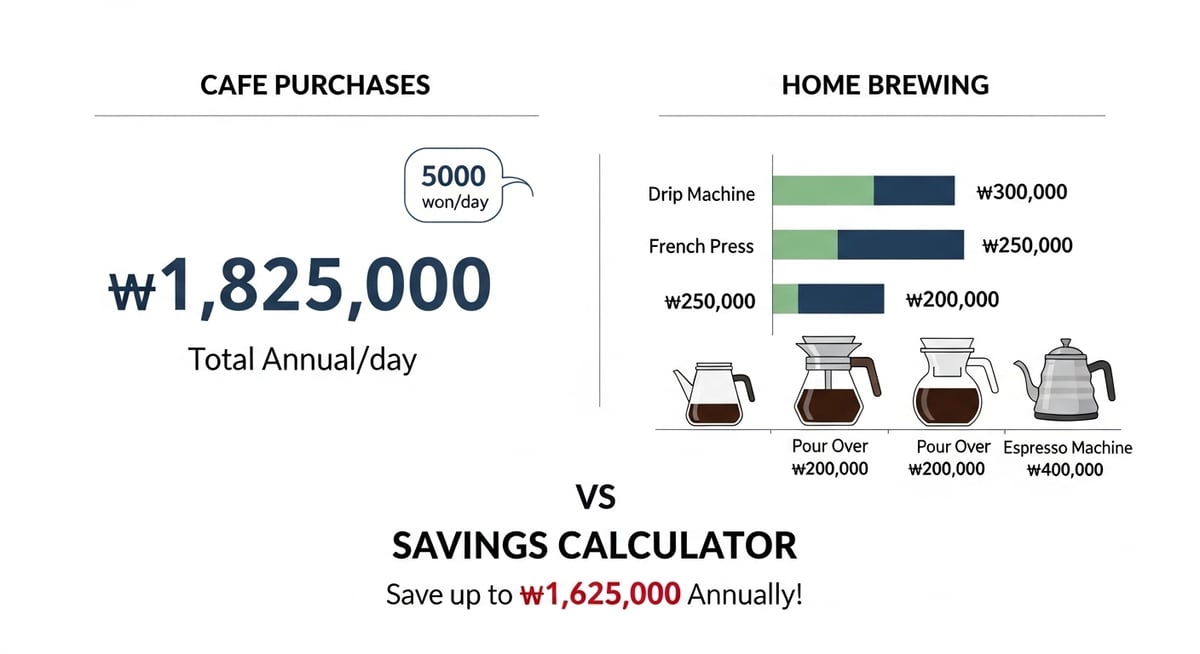 카페 커피 구매와 홈 브루잉 비용을 연간 기준으로 비교하는 인포그래픽, 한국 원화 기준