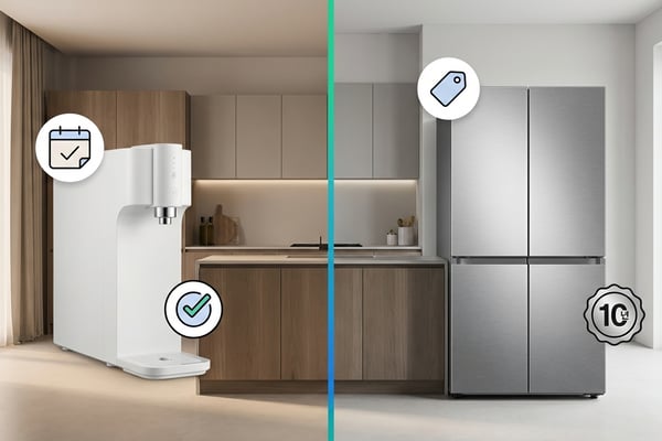 가전 렌탈과 일시불 구매를 비교하는 컨셉 이미지 — 정수기와 냉장고