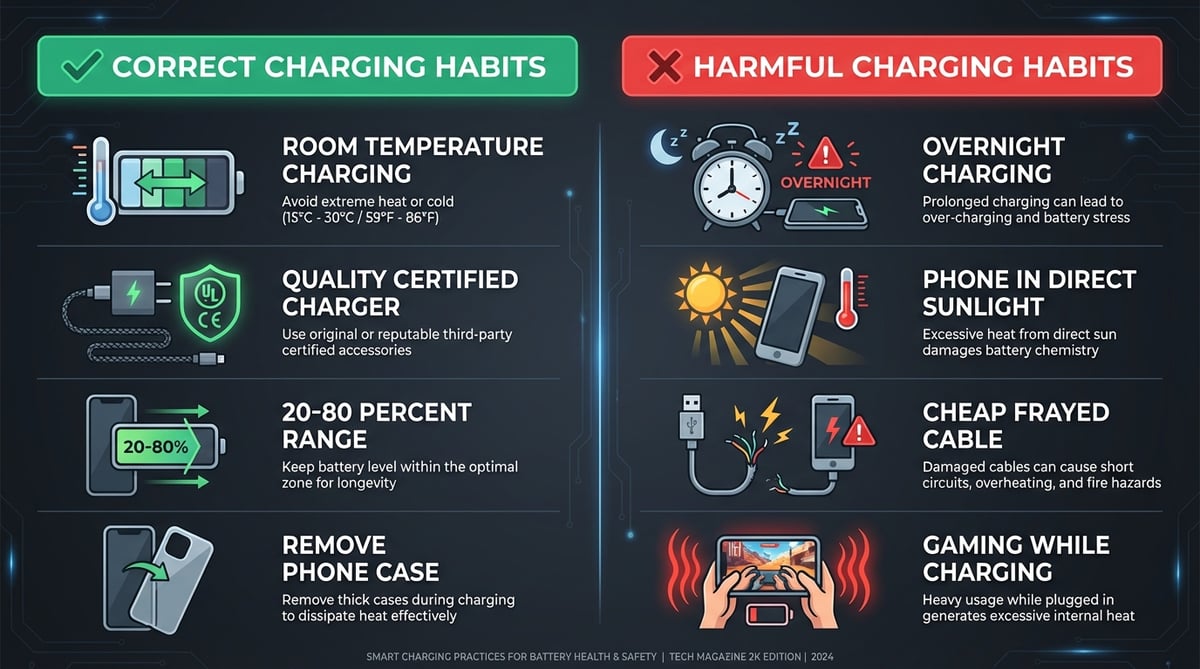 스마트폰 배터리 수명을 위한 올바른 충전 습관과 해로운 충전 습관을 비교한 인포그래픽. 실내 온도 충전, 정품 충전기, 20-80% 유지 vs 밤새 충전, 직사광선, 저가 케이블, 게임 중 충전