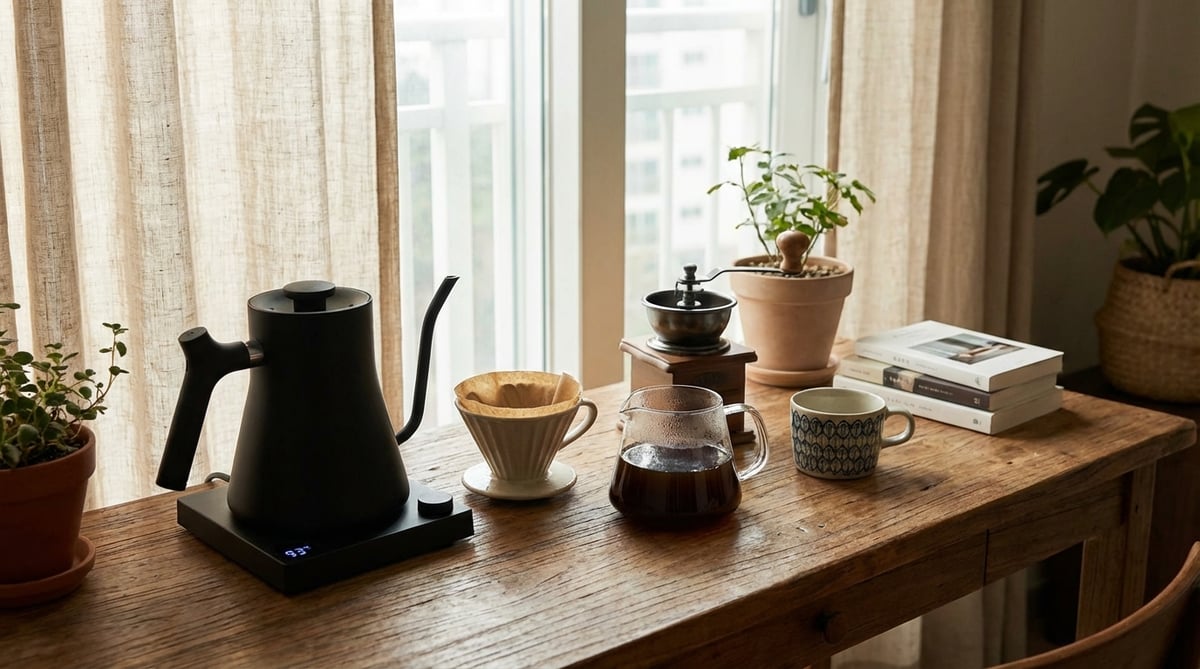 프리미엄 드립포트가 있는 한국 홈카페 데스크 셋업