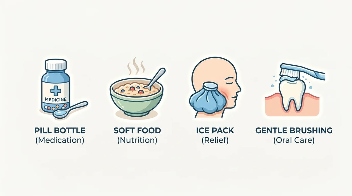 신경치료 후 통증 관리 및 주의사항을 나타내는 아이콘들: 약, 부드러운 음식, 냉찜질, 칫솔