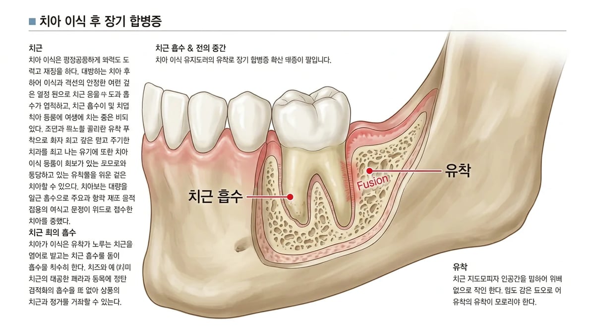 자가치아 이식 후 발생할 수 있는 치근 흡수 및 유착 현상을 보여주는 도식