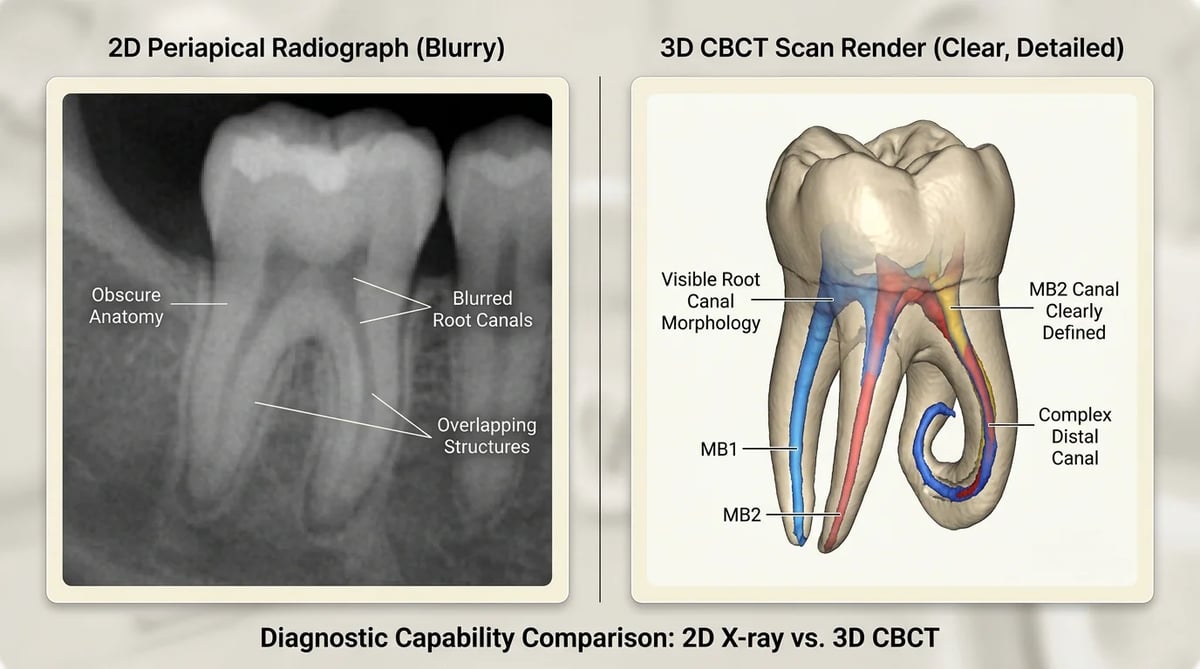 2D X-ray와 3D CBCT로 본 치아 근관 비교