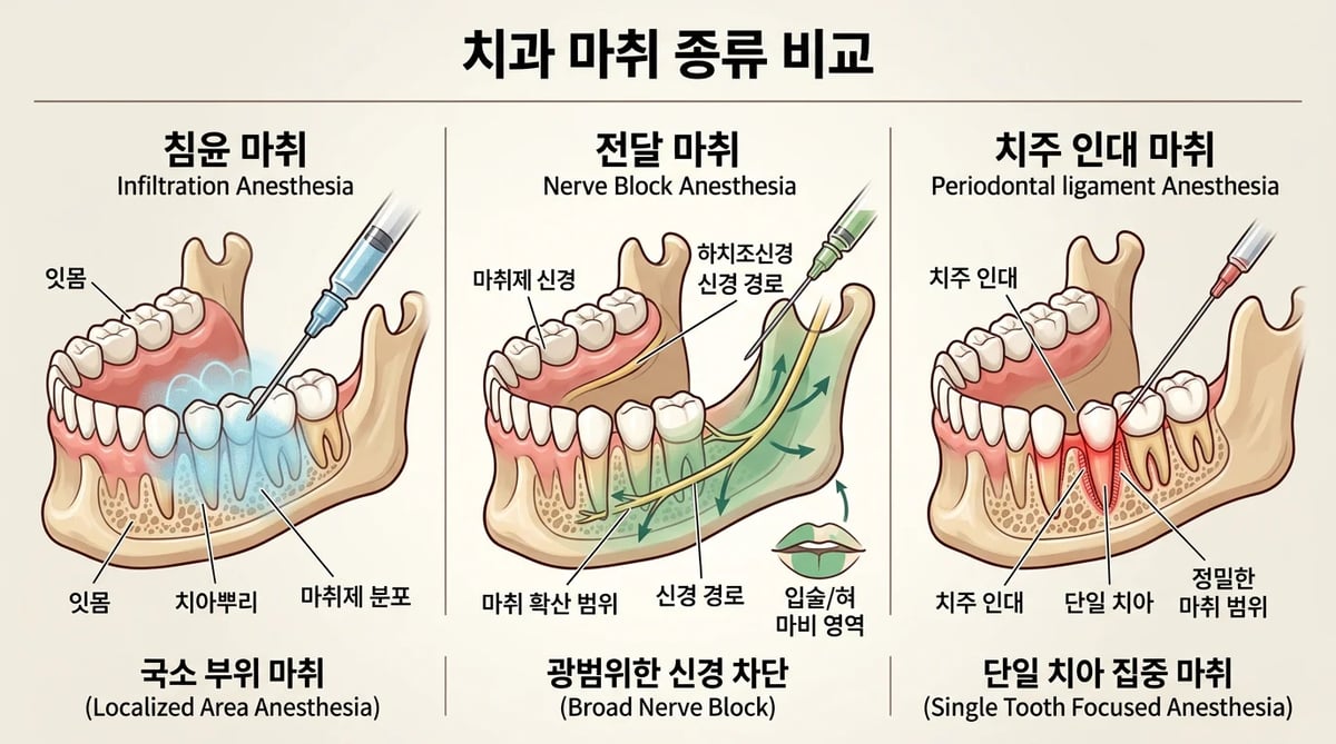 침윤마취, 전달마취, 치주인대 마취의 마취 범위 비교 인포그래픽.