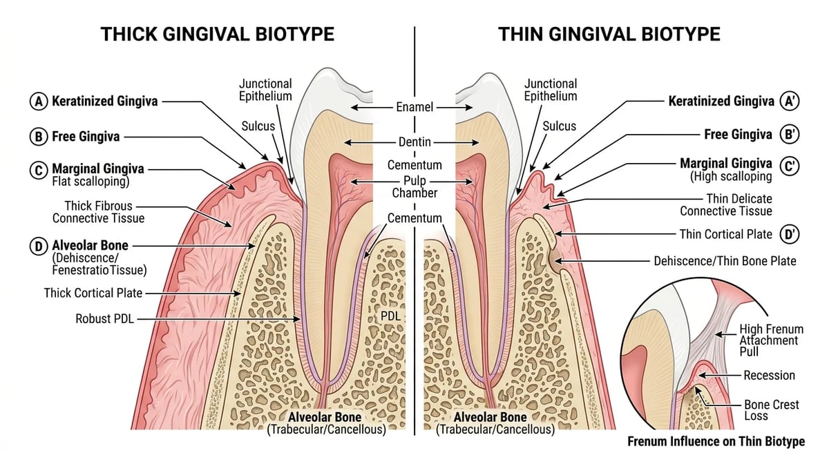 얇은 잇몸(Thin Biotype)과 두꺼운 잇몸(Thick Biotype) 및 소대 위치 다이어그램