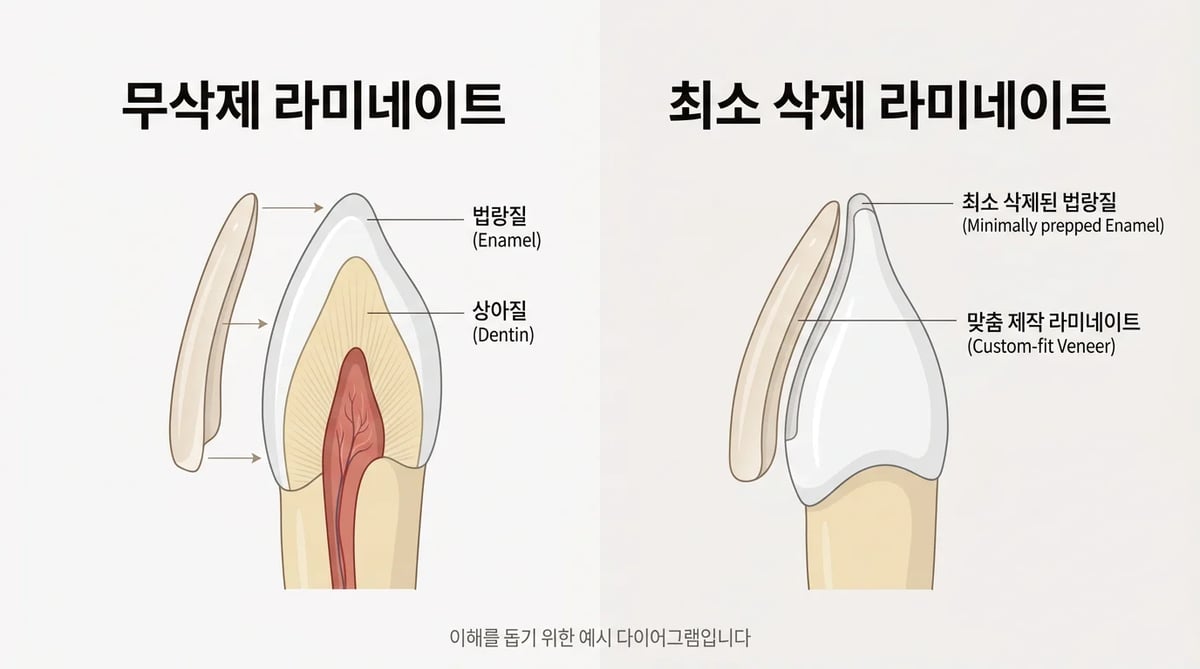 무삭제 라미네이트와 최소 삭제 라미네이트의 원리 비교 다이어그램