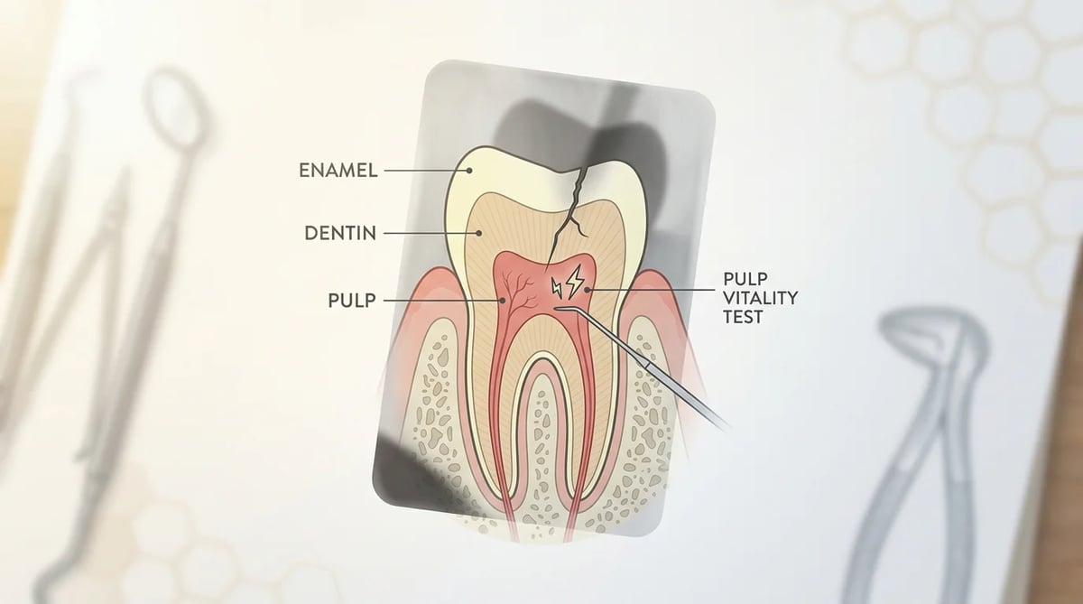 치아 파절 진단을 위한 X-ray 이미지와 치수 검사 도해