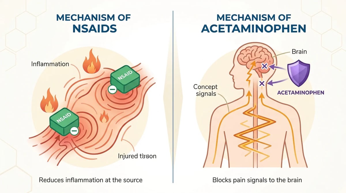 소염진통제(NSAIDs)와 아세트아미노펜의 작용 원리 차이를 시각화한 인포그래픽
