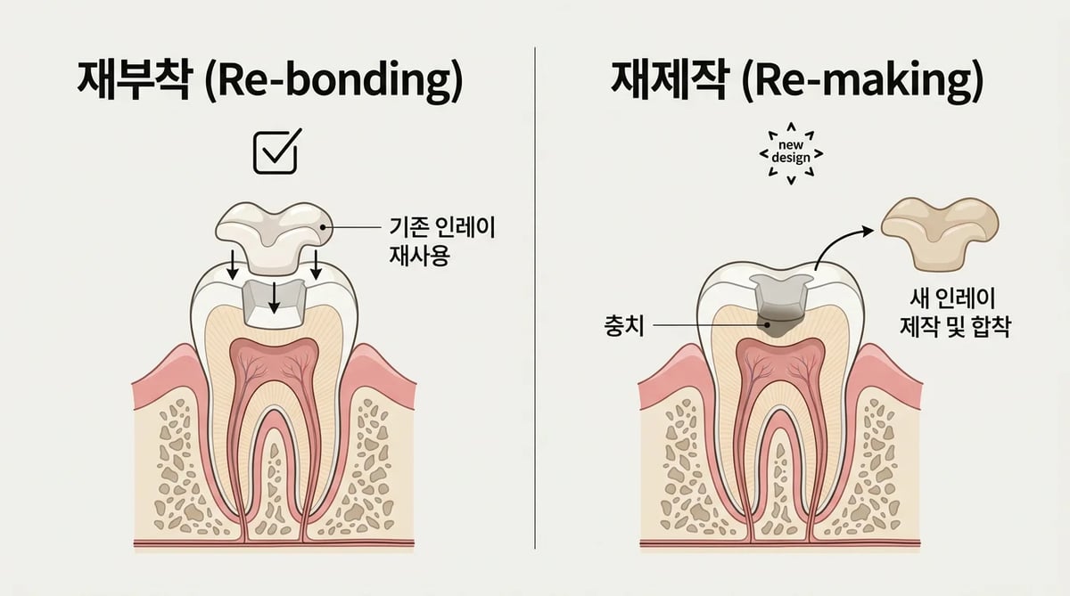 인레이 재부착과 재제작 과정을 비교하는 인포그래픽