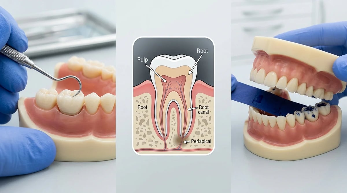 치과에서 크라운 잇몸 통증 진단에 사용되는 탐침, X-ray, 교합지 등 진단 도구 일러스트