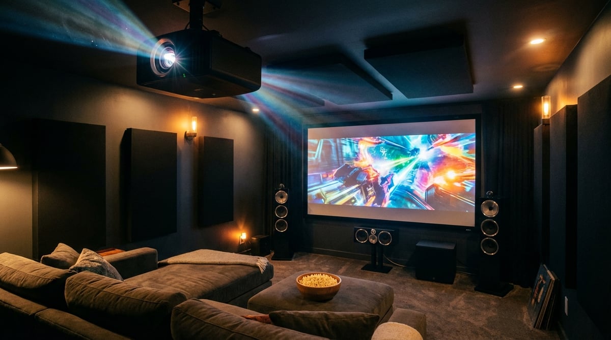 120인치 스크린에 영화를 투사하는 홈시네마 프로젝터 셋업, 팝콘과 소파가 있는 어두운 방