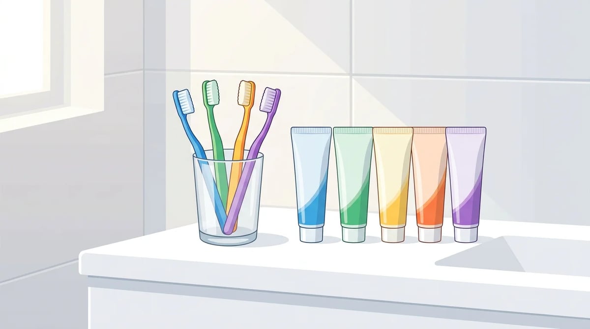 욕실 카운터에 놓인 다양한 색상의 칫솔과 치약 튜브, 가족 구성원별 맞춤형 구강 관리 제품 구성을 상징