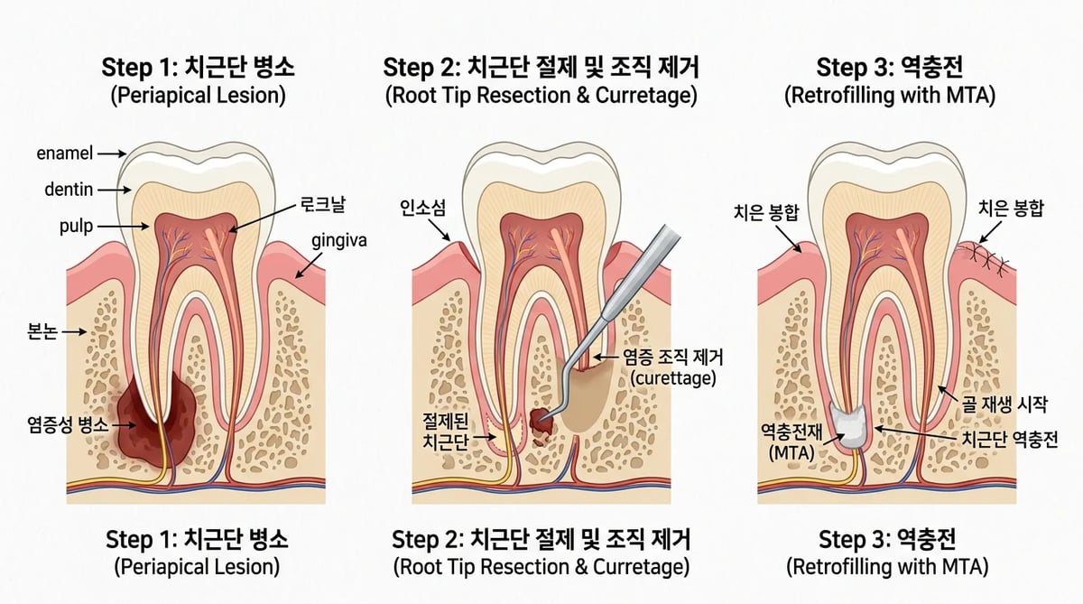 치근단 절제술과 역충전 과정을 설명하는 해부학적 도식