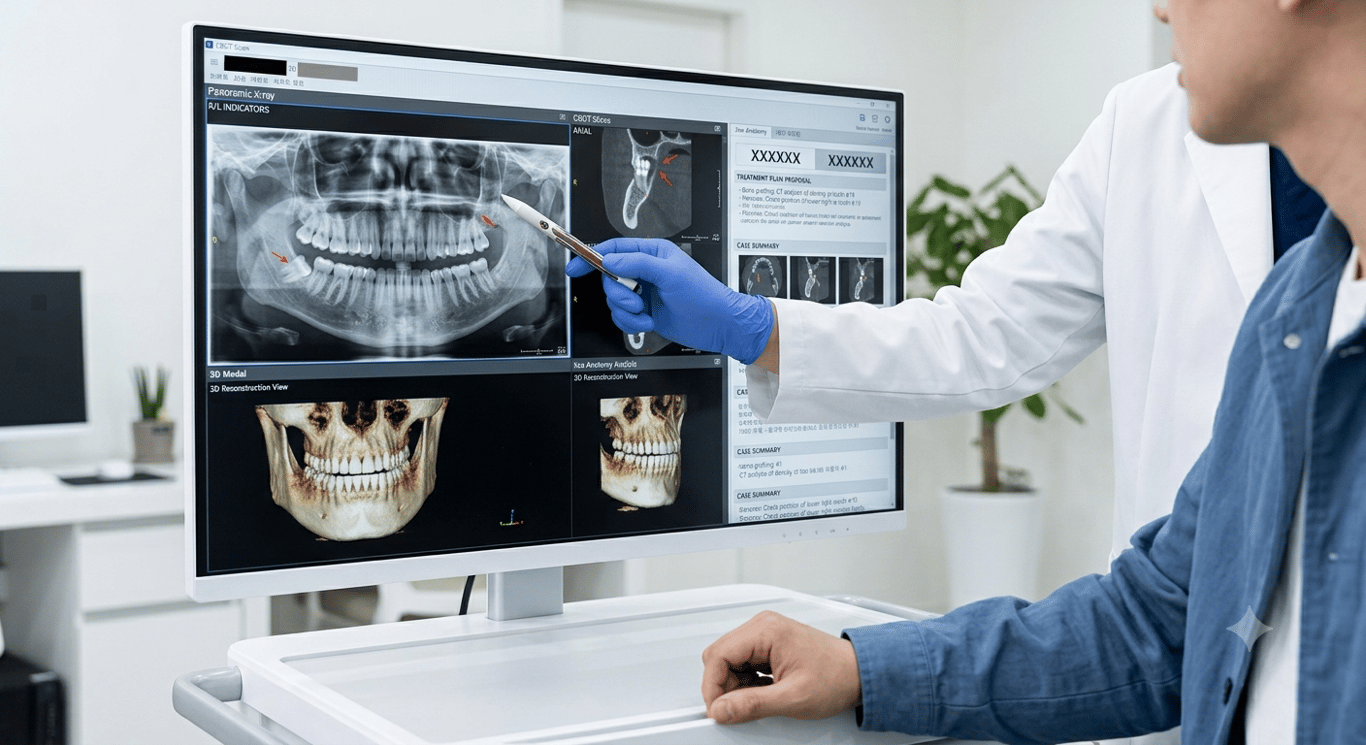 치과의사가 모니터에 띄워진 파노라마 엑스레이와 3D CT 영상을 가리키며 환자에게 치아 상태를 설명하는 모습