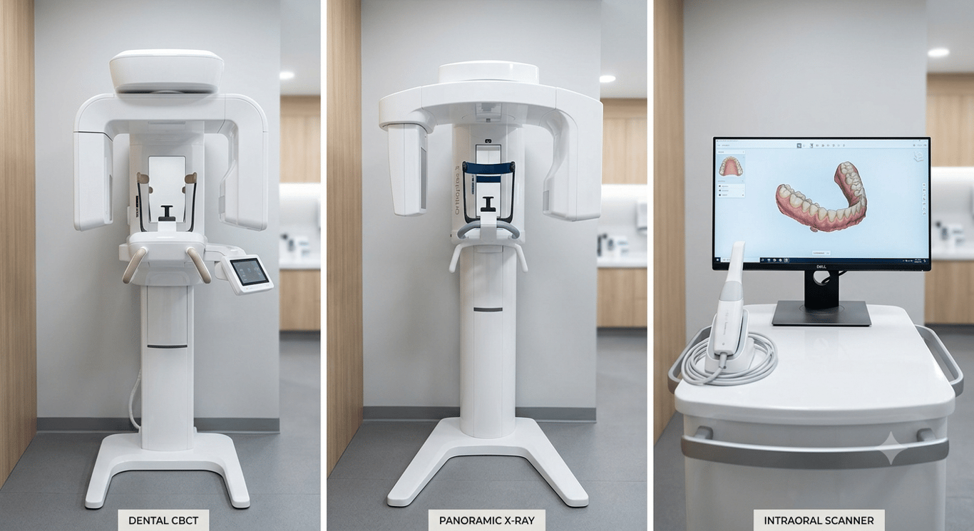 치과 진단에 사용되는 콘빔CT(Dental CBCT), 파노라마 엑스레이 장비, 3D 구강 스캐너와 치아 모델 모니터 화면