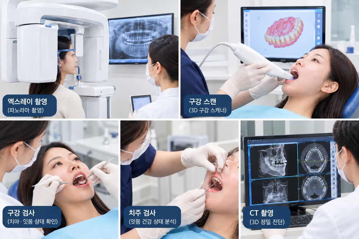 파노라마 엑스레이 촬영, 3D 구강 스캐너 검사, 구강 검진, 치주 검사, 3D CT 정밀 진단 등 5가지 단계로 구성된 치과 정밀 검진 과정