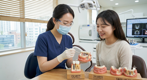 치과의사가 치과 진료실에서 환자에게 다양한 치아 모형을 활용하여 임플란트 식립 과정과 치료 방법을 친절하게 설명하는 모습