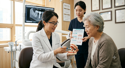 치과의사가 치아 모형을 이용해 고령 환자에게 임플란트 관리 방법과 시술 과정을 설명하고 있는 모습