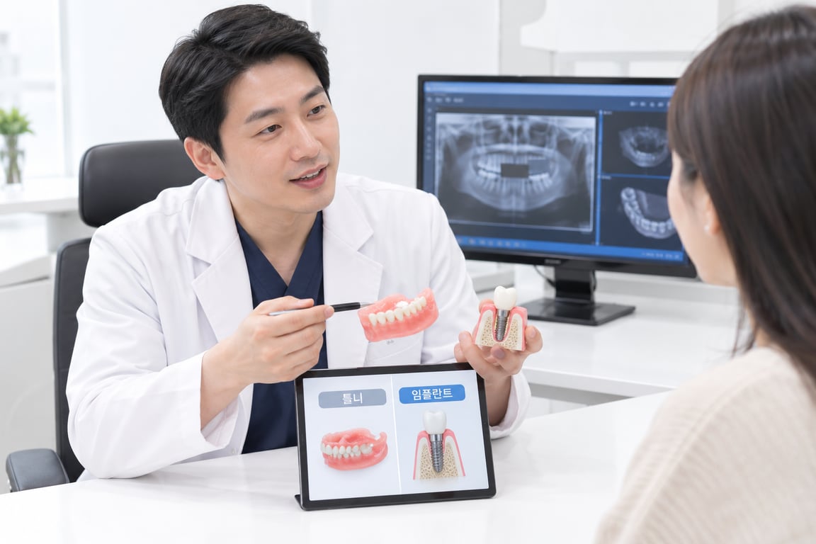 치과의사가 진료실에서 환자에게 모형과 태블릿 화면을 보여주며 틀니와 임플란트 치료의 차이점을 설명하는 모습