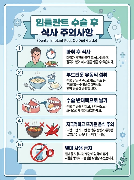 임플란트 수술 후 식사 주의사항으로 마취 풀린 후 식사, 부드러운 유동식 섭취, 수술 반대쪽으로 씹기, 자극적인 음식 피하기, 빨대 사용 금지 수칙을 안내하는 인포그래픽