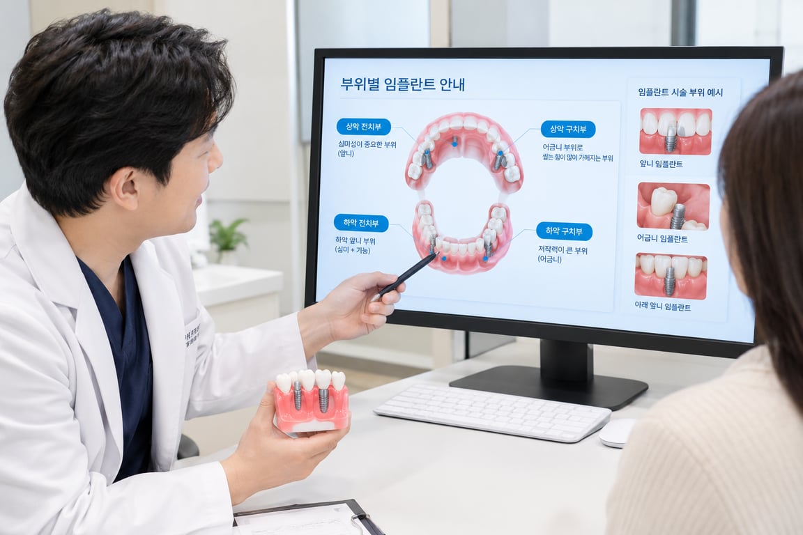치과의사가 모니터의 부위별 임플란트 안내 화면과 치아 모형을 가리키며 환자에게 식립 부위와 특징에 대해 설명하는 모습
