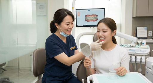 치과 진료실에서 치과의사가 거울을 든 여성 환자의 치아 교정 상태를 확인하며 상담하는 모습