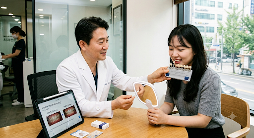 치과 진료실에서 치과의사가 치아 색상 가이드를 사용하여 환자의 현재 치아 색조를 확인하며 상담하는 모습