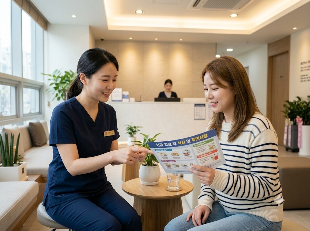 치과 진료실 대기 공간에서 간호사가 안내문을 보며 환자에게 치과 치료 후 식사 및 주의사항에 대해 친절하게 설명하고 있는 모습