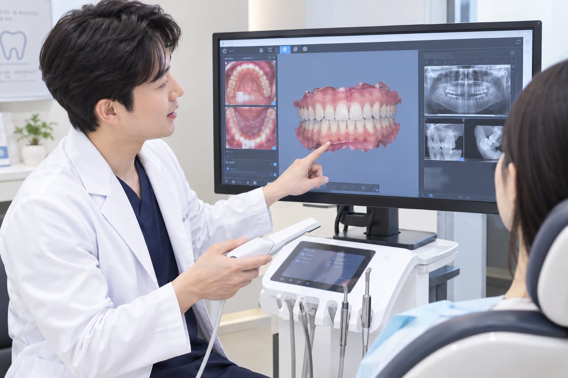 치과의사가 구강 스캐너를 들고 모니터에 표시된 3D 치아 모델과 엑스레이 영상을 보며 환자에게 치아 상태를 설명하고 있는 모습