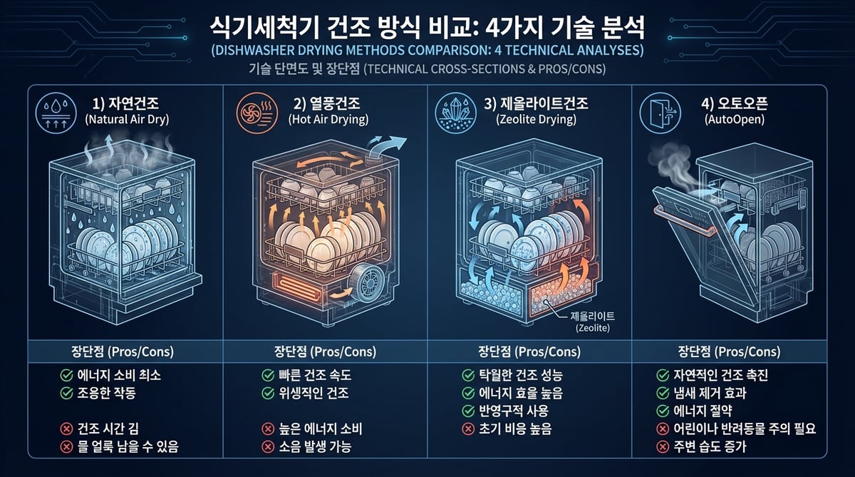 식기세척기 4가지 건조 방식(열풍, 자연건조, 응축, 제올라이트)의 작동 원리와 성능을 비교 분석한 기술 인포그래픽