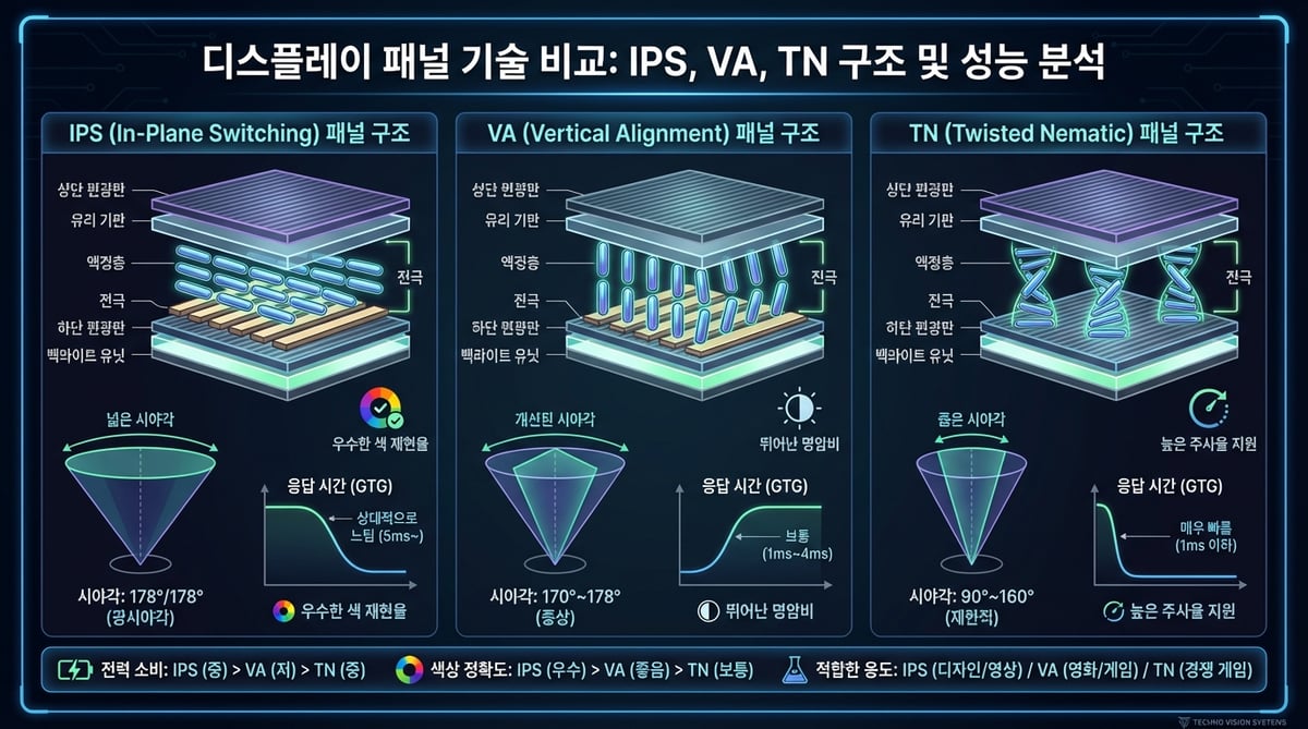 IPS, VA, TN 세 가지 LCD 패널의 액정 배열 구조와 빛의 투과 방식을 비교하는 인포그래픽