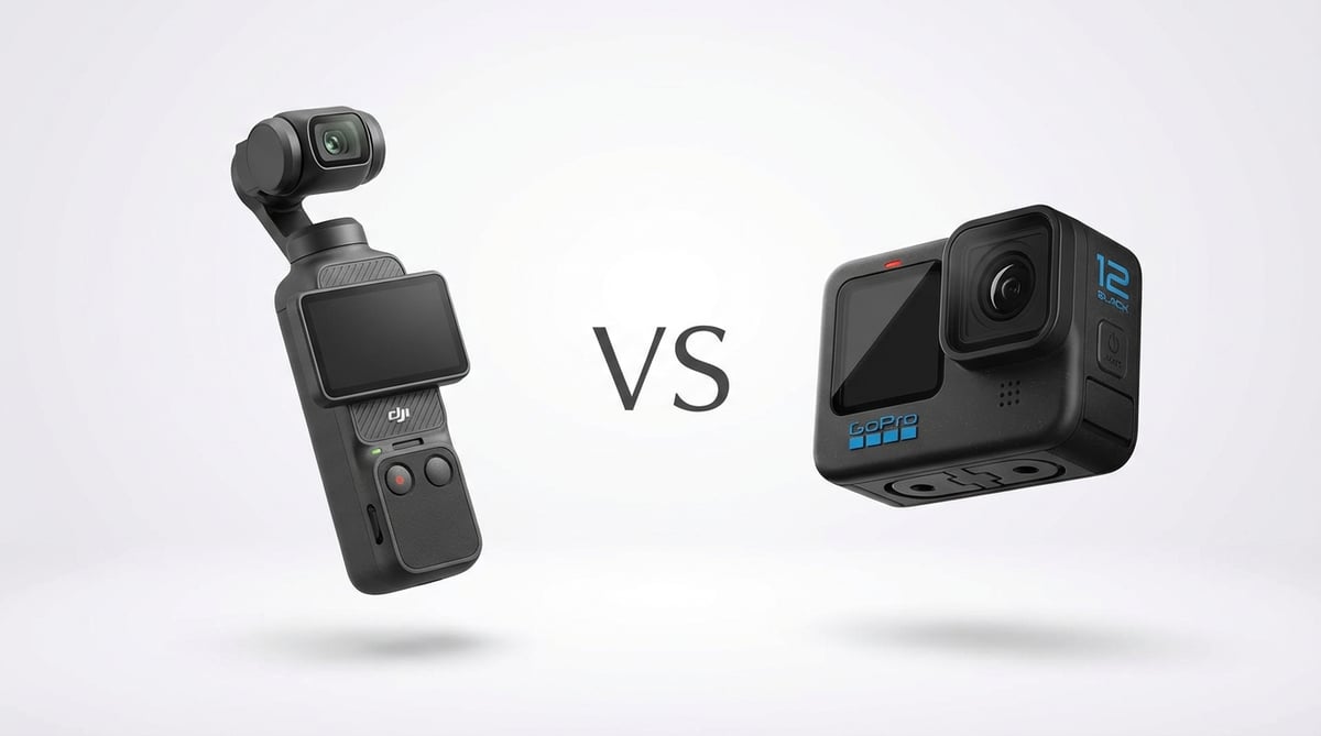 DJI 오즈모 포켓3과 고프로12를 나란히 놓고 비교하는 인포그래픽. 스펙, 가격, 용도별 장단점이 시각적으로 정리되어 있다.