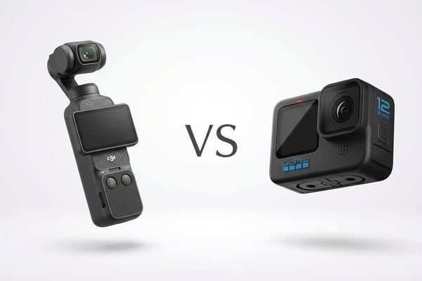 DJI 오즈모 포켓3과 고프로12를 나란히 놓고 비교하는 인포그래픽. 스펙, 가격, 용도별 장단점이 시각적으로 정리되어 있다.