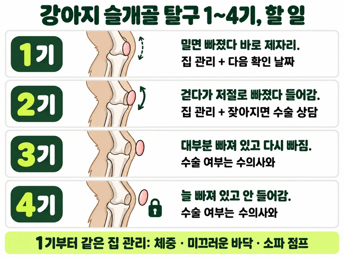 강아지 슬개골 탈구 1~4기와 할 일: 1기 밀면 빠졌다 바로 제자리·집 관리와 다음 확인 날짜, 2기 걷다가 저절로 빠졌다 들어감·집 관리와 잦아지면 수술 상담, 3기 대부분 빠져 있고 다시 빠짐·수술 여부는 수의사와, 4기 늘 빠져 있고 안 들어감·수술 여부는 수의사와. 1기부터 같은 집 관리는 체중·미끄러운 바닥·소파 점프