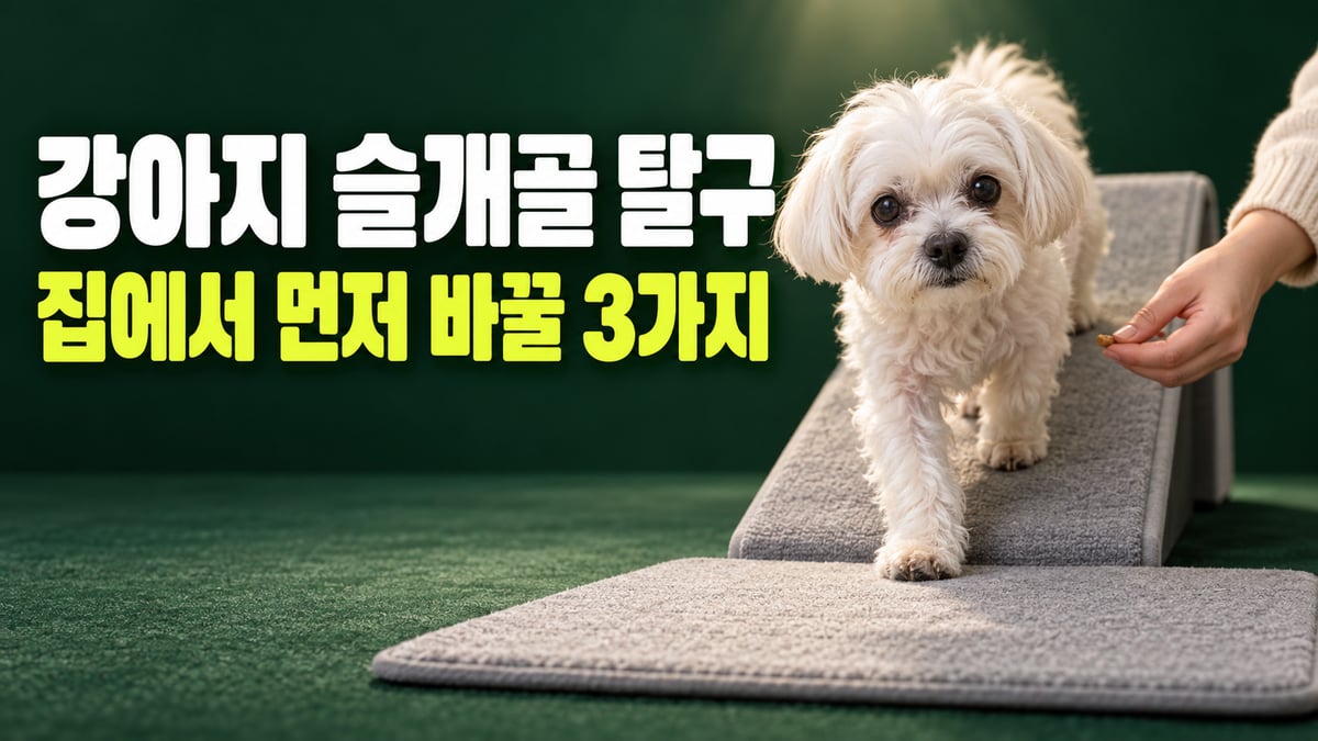 흰 말티즈 노견이 회색 경사로를 조심스럽게 내려오는 모습, 강아지 슬개골 탈구 집에서 먼저 바꿀 3가지