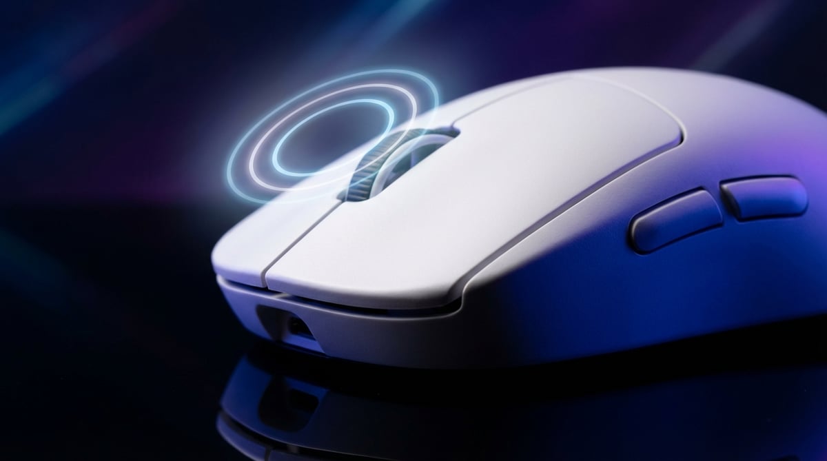 로지텍 G PRO X2 SUPERSTRIKE 무선 게이밍 마우스가 어두운 반사면 위에 놓인 제품 사진, 드라마틱한 조명이 슬릭한 실루엣을 강조