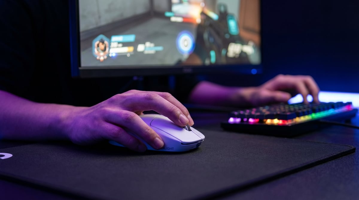 e스포츠 환경에서 게이밍 마우스를 잡고 FPS 게임에 집중하는 한국인 게이머의 클로즈업