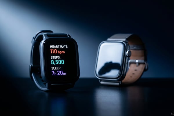 가성비 스마트워치가 전면에서 건강 지표를 표시하고, 뒤에 프리미엄 워치가 흐릿하게 보이는 드라마틱한 제품 촬영