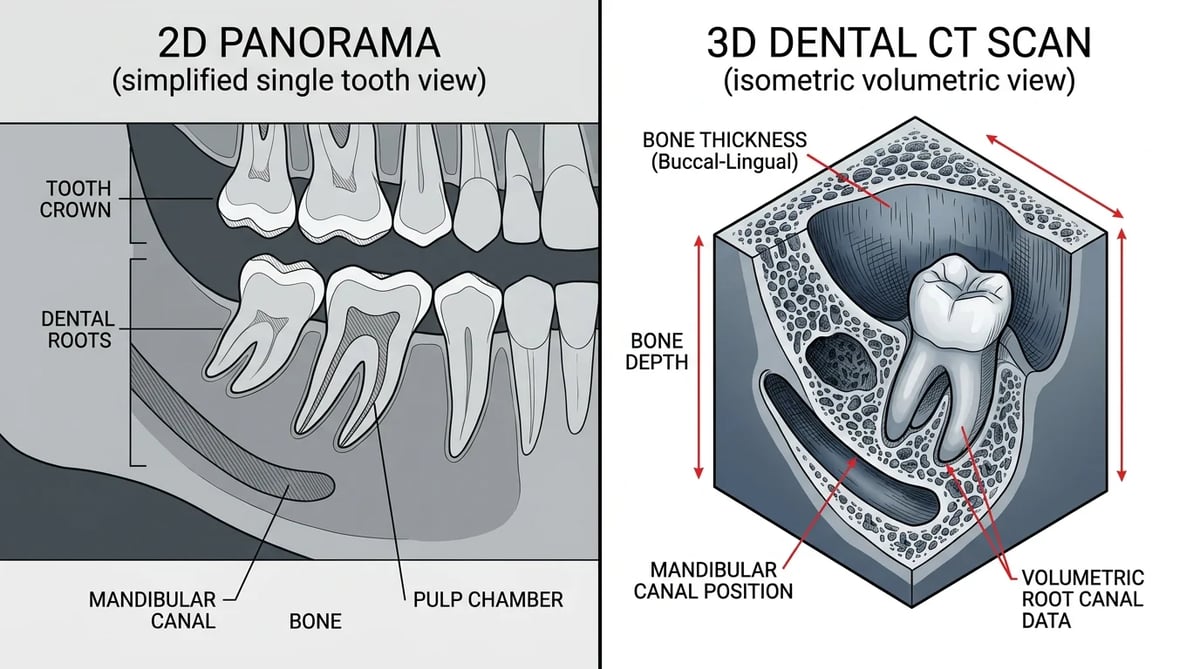 2D 파노라마와 3D 치과 CT 영상의 입체적 정보 비교
