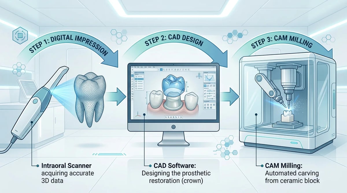 CAD/CAM 기술을 활용한 치과 크라운 제작 과정을 보여주는 개념 일러스트